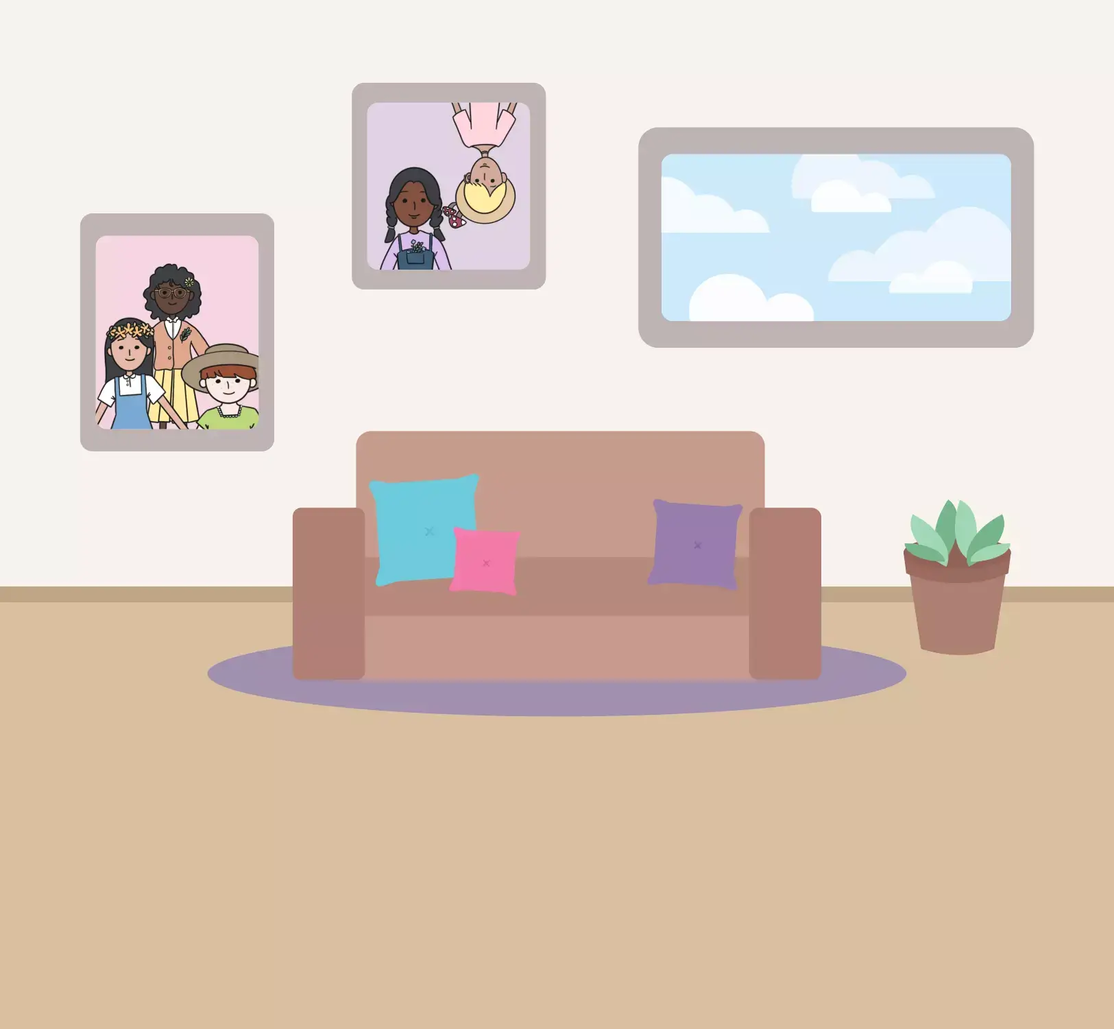 living room with a couch and picture frames of happy characters and a window showing the cloudy sky
