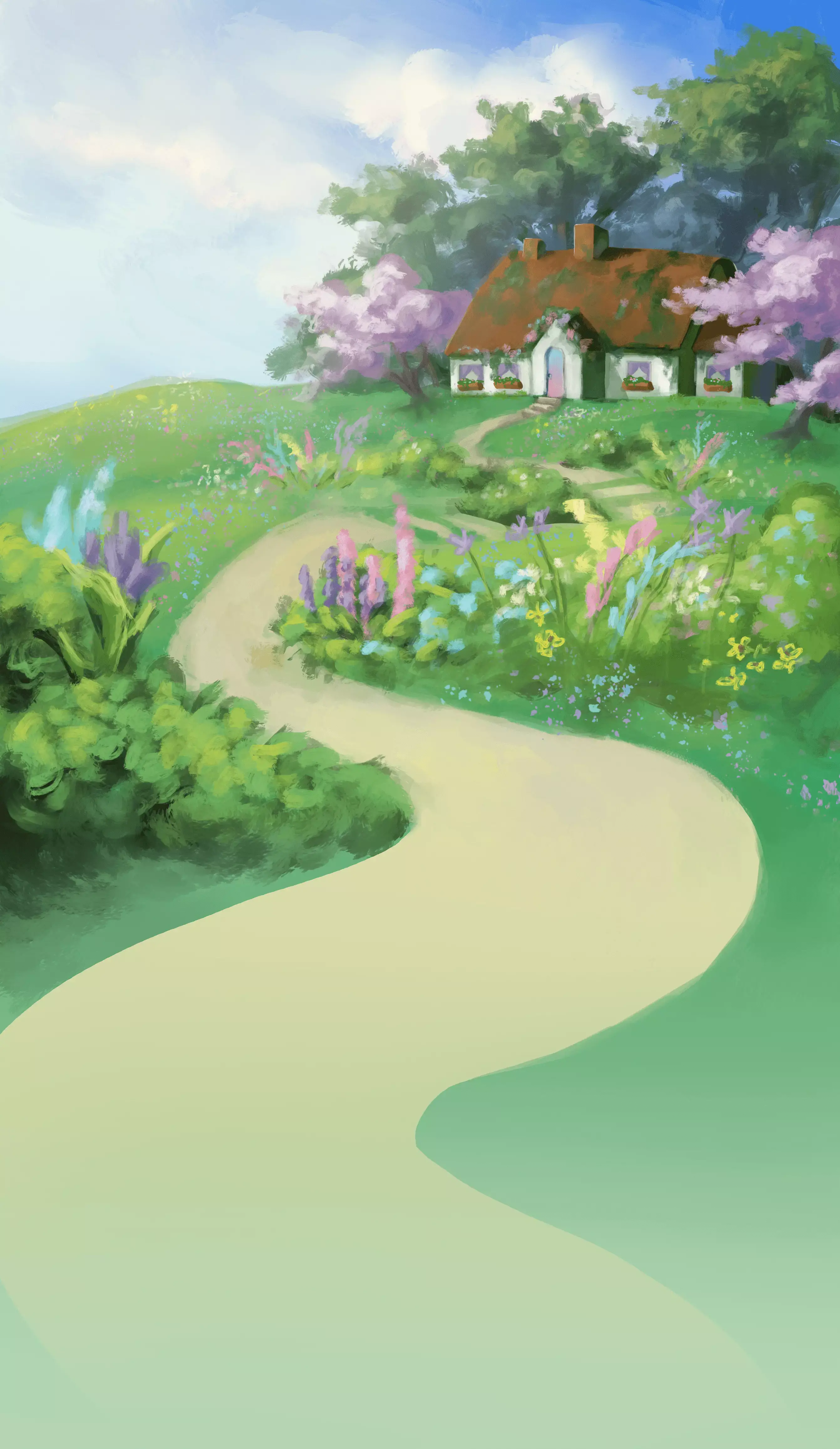cottage on a countryside hill with full trees and pastel lavender